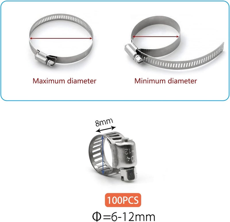 ZIPCCI Small Hose Clamp, 100 Pack Hose Clamps Stainless Steel Worm Gear Fuel Line Hose Clamps, 6-12mm (1/4-1/2 inch) - Image 5